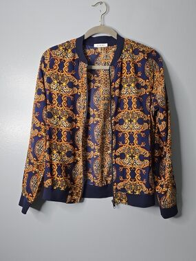 Sioni Navy, Gold, & Leopard Baroque Print Bomber Jacket
